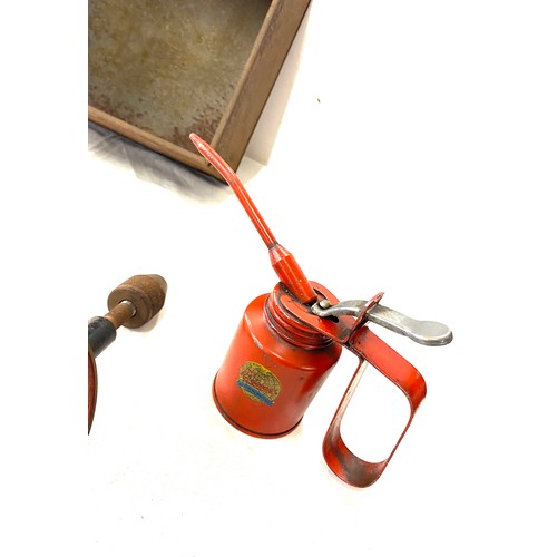 311 - Selection of vintage tools includes hand drill and oil cans