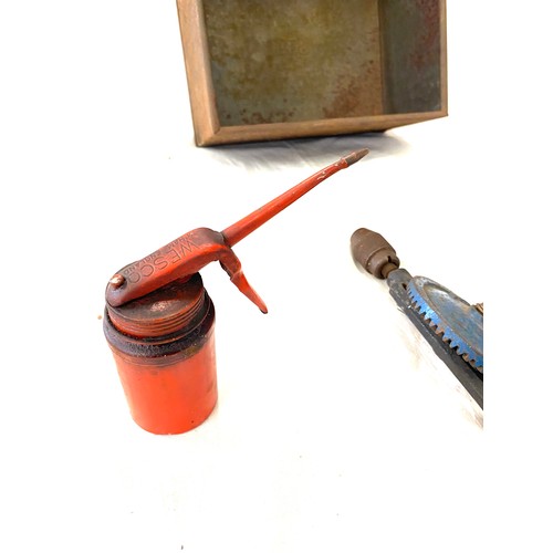 311 - Selection of vintage tools includes hand drill and oil cans