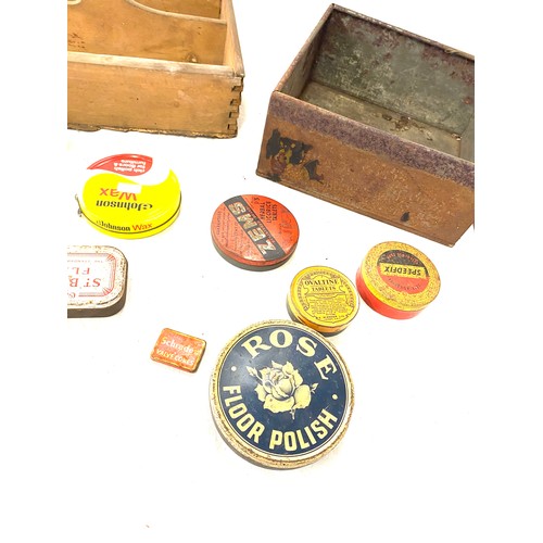 310 - Selection of miscellaneous includes vintage advertising tins, wooden crate etc