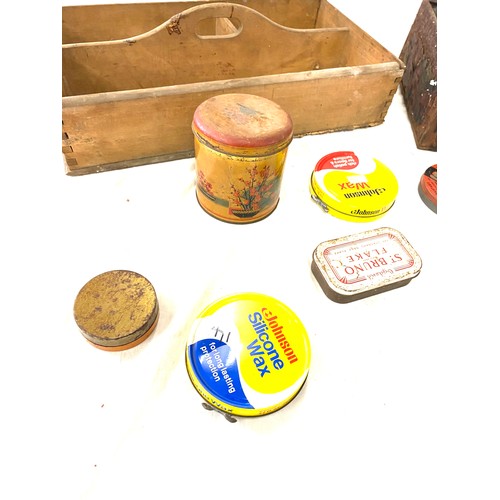 310 - Selection of miscellaneous includes vintage advertising tins, wooden crate etc