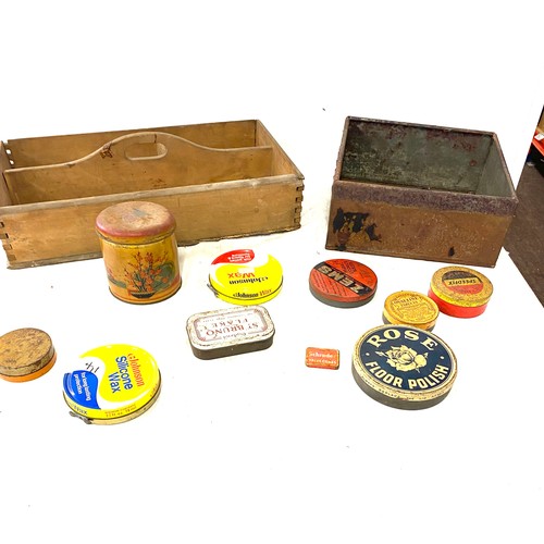 310 - Selection of miscellaneous includes vintage advertising tins, wooden crate etc