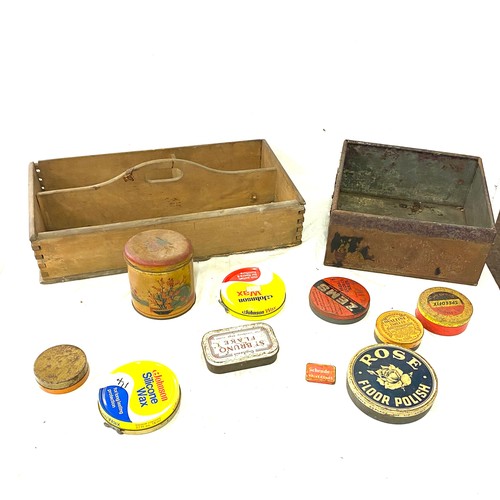 310 - Selection of miscellaneous includes vintage advertising tins, wooden crate etc