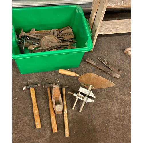 235 - Set of vintage wooden step ladders and a selection of assorted tools