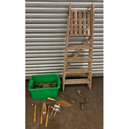 235 - Set of vintage wooden step ladders and a selection of assorted tools