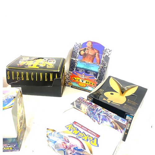 205 - Selection of trading card booster boxes empty, includes vintage and new pokemon, batman, justice lea... 