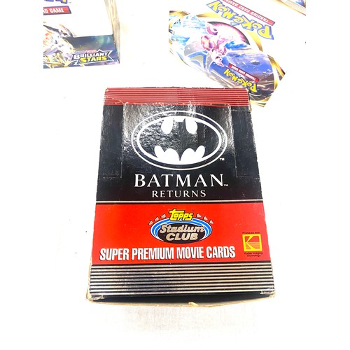 205 - Selection of trading card booster boxes empty, includes vintage and new pokemon, batman, justice lea... 