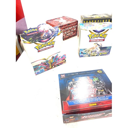 205 - Selection of trading card booster boxes empty, includes vintage and new pokemon, batman, justice lea... 