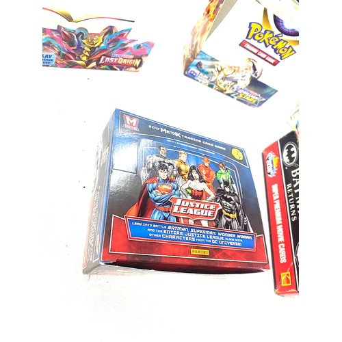 205 - Selection of trading card booster boxes empty, includes vintage and new pokemon, batman, justice lea... 