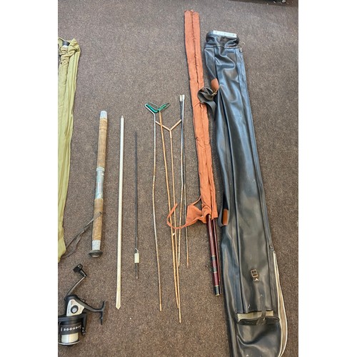 147 - Selection of vintage and later fishing kit includes Reel, Rod rests, case and 2 rods