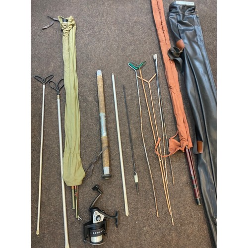 147 - Selection of vintage and later fishing kit includes Reel, Rod rests, case and 2 rods