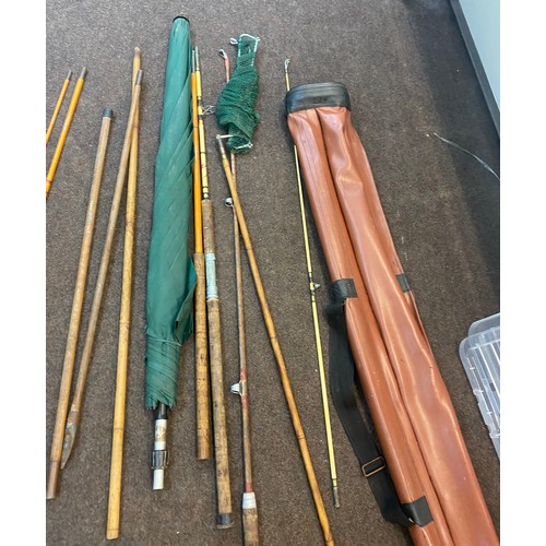 188 - Selection of vintage and later fishing kit includes 2 rods, landing net, umbrella etc