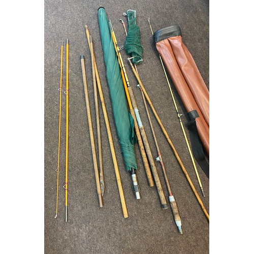 188 - Selection of vintage and later fishing kit includes 2 rods, landing net, umbrella etc