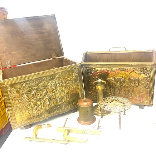 368 - Brass box, magazine rack and a selection of brass