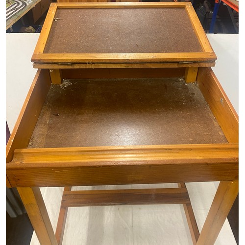 594 - Vintage childs school desk and a wicker foot stool