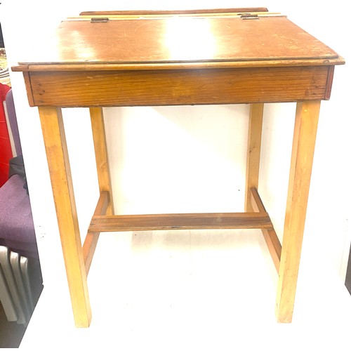 594 - Vintage childs school desk and a wicker foot stool