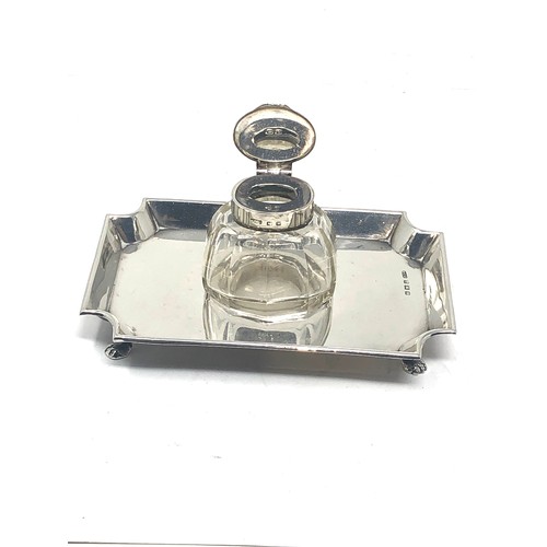 79 - Antique silver inkwell & stand Birmingham silver hallmarks stand measures approx 13cm by 9cm