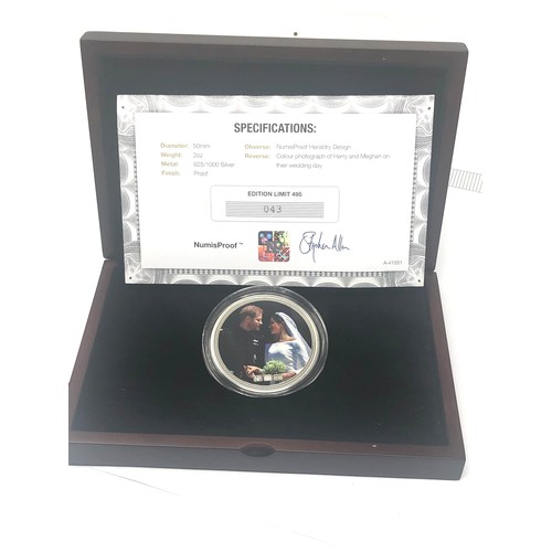 46 - Boxed limited edition silver the royal wedding silver 2 oz proof coin with colour photo harry megan ... 