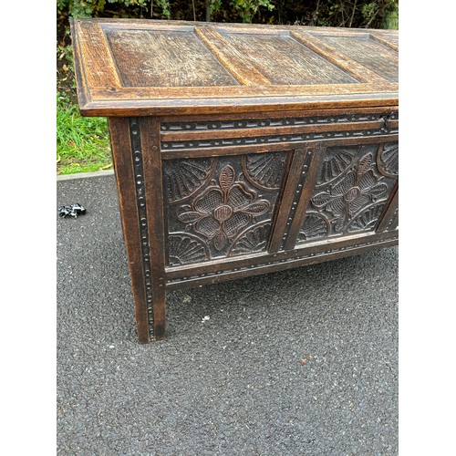 584 - Antique oak carved 3 panelled blanket box / coffer, approximate height 27.5 inches, Width 47 inches,... 