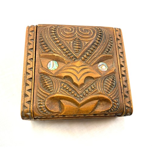 444 - Carved New Zealand Maori box with Tiki lid and Paua shell eyes