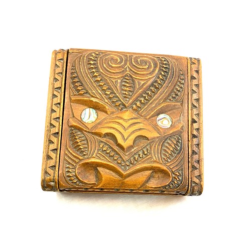 444 - Carved New Zealand Maori box with Tiki lid and Paua shell eyes