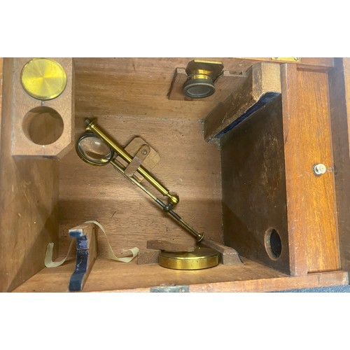 123 - Antique Victorian travelling microscope by EG Wood, 74 Cheapside London, complete with some slides a... 