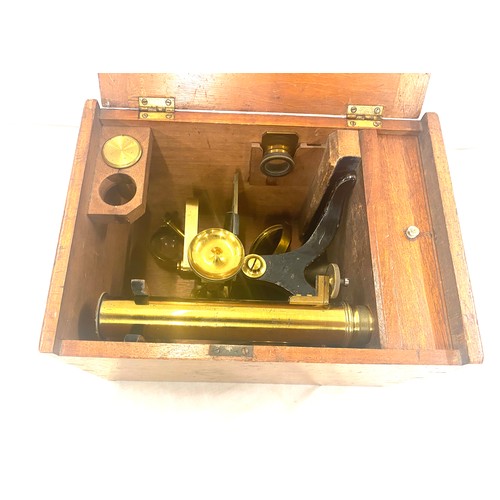 123 - Antique Victorian travelling microscope by EG Wood, 74 Cheapside London, complete with some slides a... 