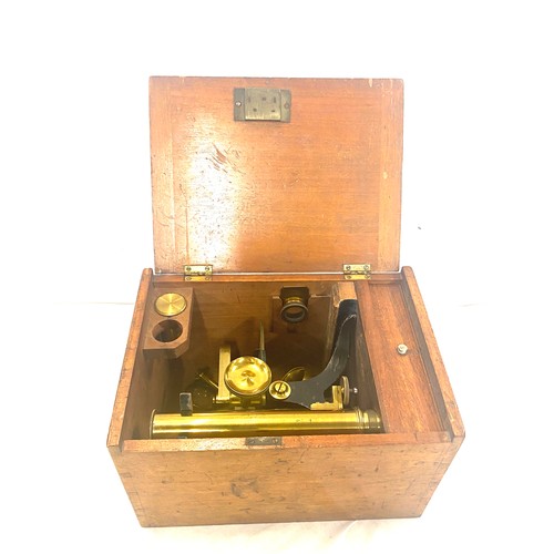 123 - Antique Victorian travelling microscope by EG Wood, 74 Cheapside London, complete with some slides a... 