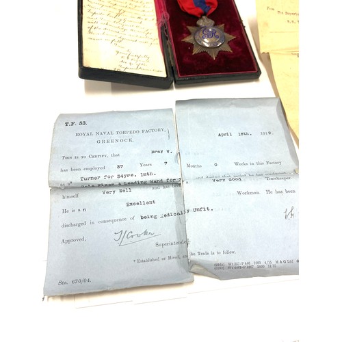 553 - Cased WW1 period imperial service medal with paperwork awarded to W F Bray for his work at Royal Nav... 