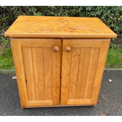 631 - Pine 2 door cupboard measures approx 30 inches tall 29 inches wide b y 18 inches depth