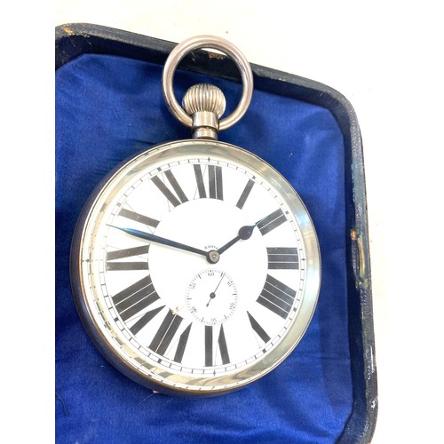 571 - Antique Goliath 8 day bed / desk clock in a silver fronted frame, damage to clock face