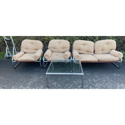 634 - Retro 2 Seater sofa and 2 chairs with a glass topped chrome coffee table