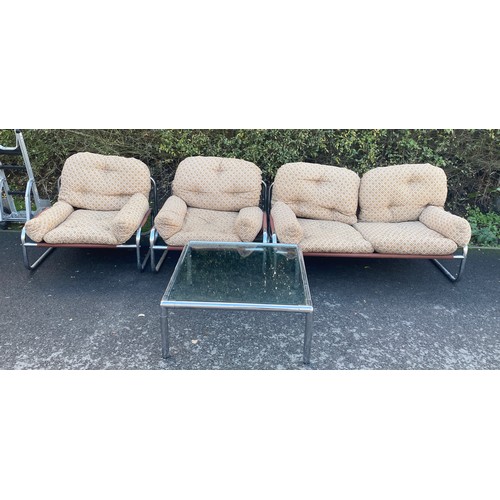 634 - Retro 2 Seater sofa and 2 chairs with a glass topped chrome coffee table