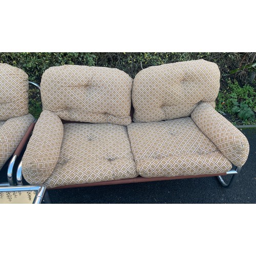 634 - Retro 2 Seater sofa and 2 chairs with a glass topped chrome coffee table