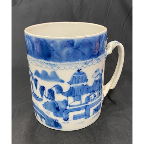 442 - Chinese 18th century hand painted blue and white tankard, rope twist handle, over all good condition... 