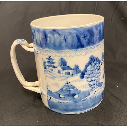 442 - Chinese 18th century hand painted blue and white tankard, rope twist handle, over all good condition... 