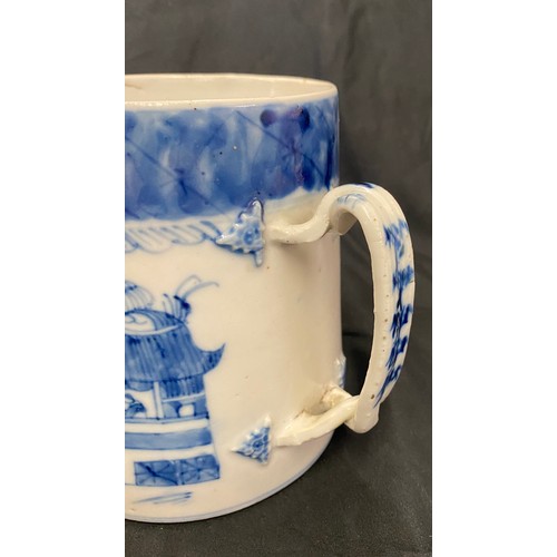 442 - Chinese 18th century hand painted blue and white tankard, rope twist handle, over all good condition... 