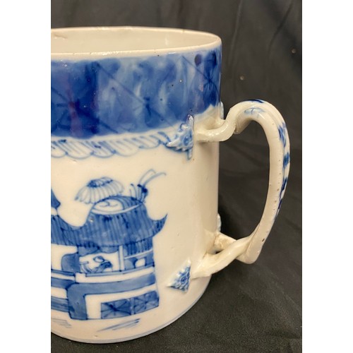 442 - Chinese 18th century hand painted blue and white tankard, rope twist handle, over all good condition... 