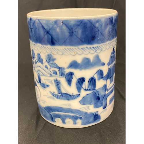 442 - Chinese 18th century hand painted blue and white tankard, rope twist handle, over all good condition... 