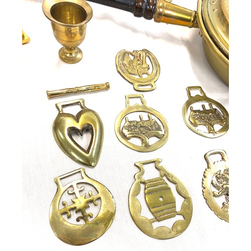 231 - Selection of assorted brass ware includes warming pan, a boot, clock etc