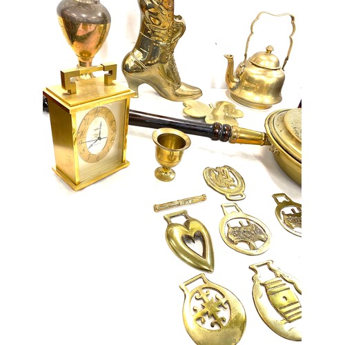 231 - Selection of assorted brass ware includes warming pan, a boot, clock etc