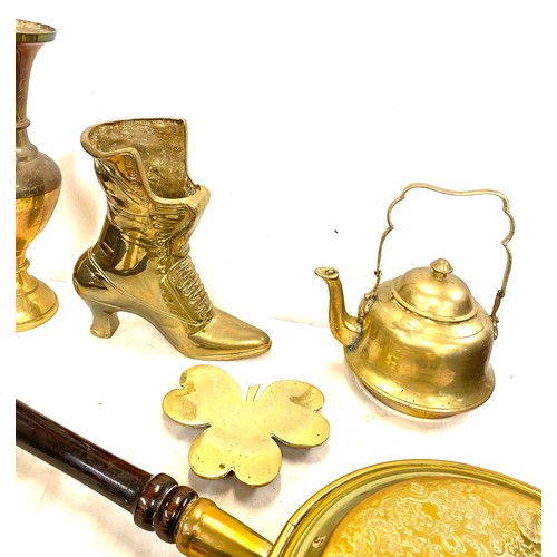 231 - Selection of assorted brass ware includes warming pan, a boot, clock etc