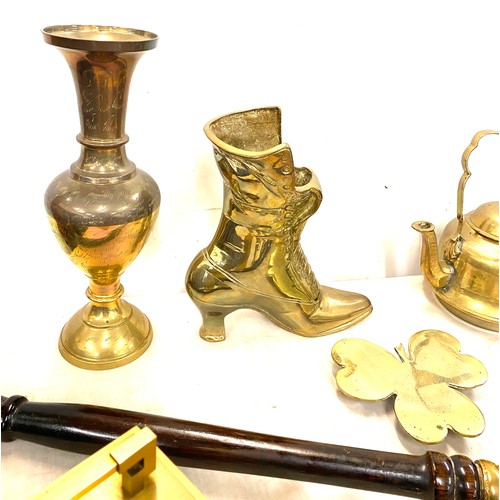 231 - Selection of assorted brass ware includes warming pan, a boot, clock etc