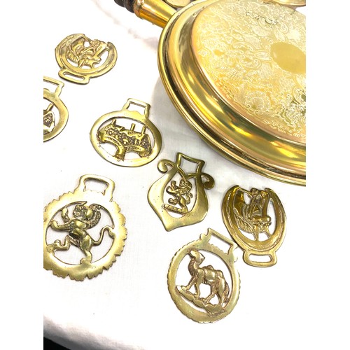 231 - Selection of assorted brass ware includes warming pan, a boot, clock etc