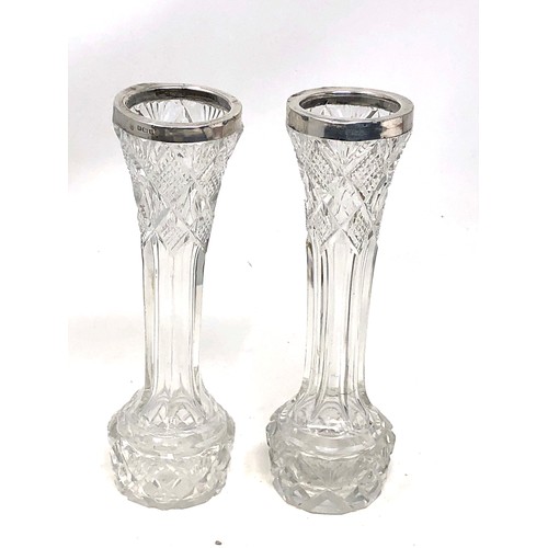 10 - 2 antique silver rim cut glass flower vases height 17cm