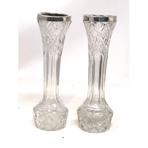 10 - 2 antique silver rim cut glass flower vases height 17cm