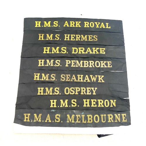 597 - Selection of vintage cap tallies includes HMS ark Royal, HMS Drake, HMS Hermes, Hms Heron, HMS Ospre... 