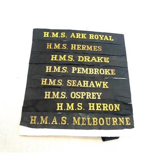 597 - Selection of vintage cap tallies includes HMS ark Royal, HMS Drake, HMS Hermes, Hms Heron, HMS Ospre... 