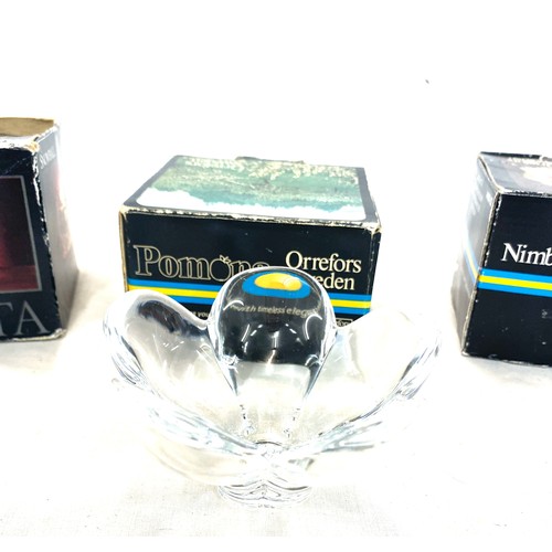 77 - 3 Boxed glass candle holders, includes Kosta, Orrefors Sweden etc