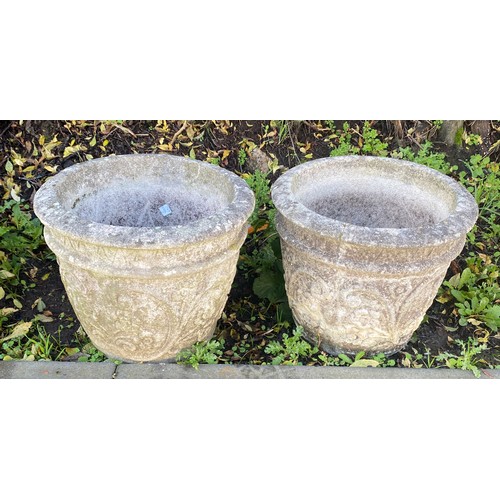 101E - Pair of circle concrete planters 13 inches tall 14 inches diameter