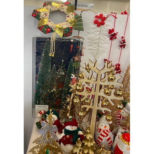 256 - Large selection of assorted Christmas decorations includes Tree figures, snow man decorations etc